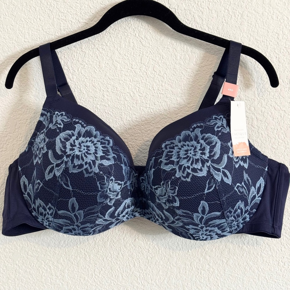 Cacique Modern Collection Lightly Lined Balconette Bra Navy Floral Lace 46D